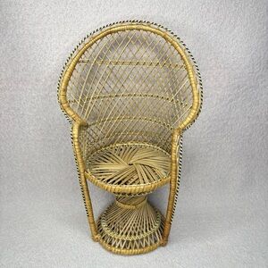Vintage Wicker Mini Peacock Chair 16” Doll Plant Stand Brown/Tan Boho Bohemian